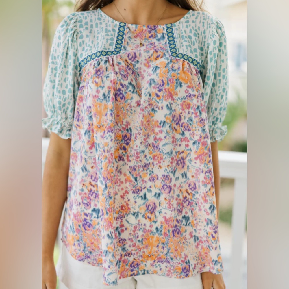 NWT JODIFL Aqua & Pink Floral Blouse